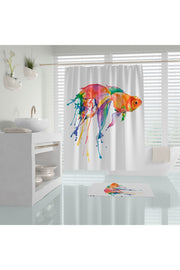 Balık Desenli Kaymaz Taban Dijital Baskılı 50x80cm Banyo Paspası ve 180x200cm Dijital Baskılı Banyo Perdesi Takımı — 180 x 200 + 50 x 80