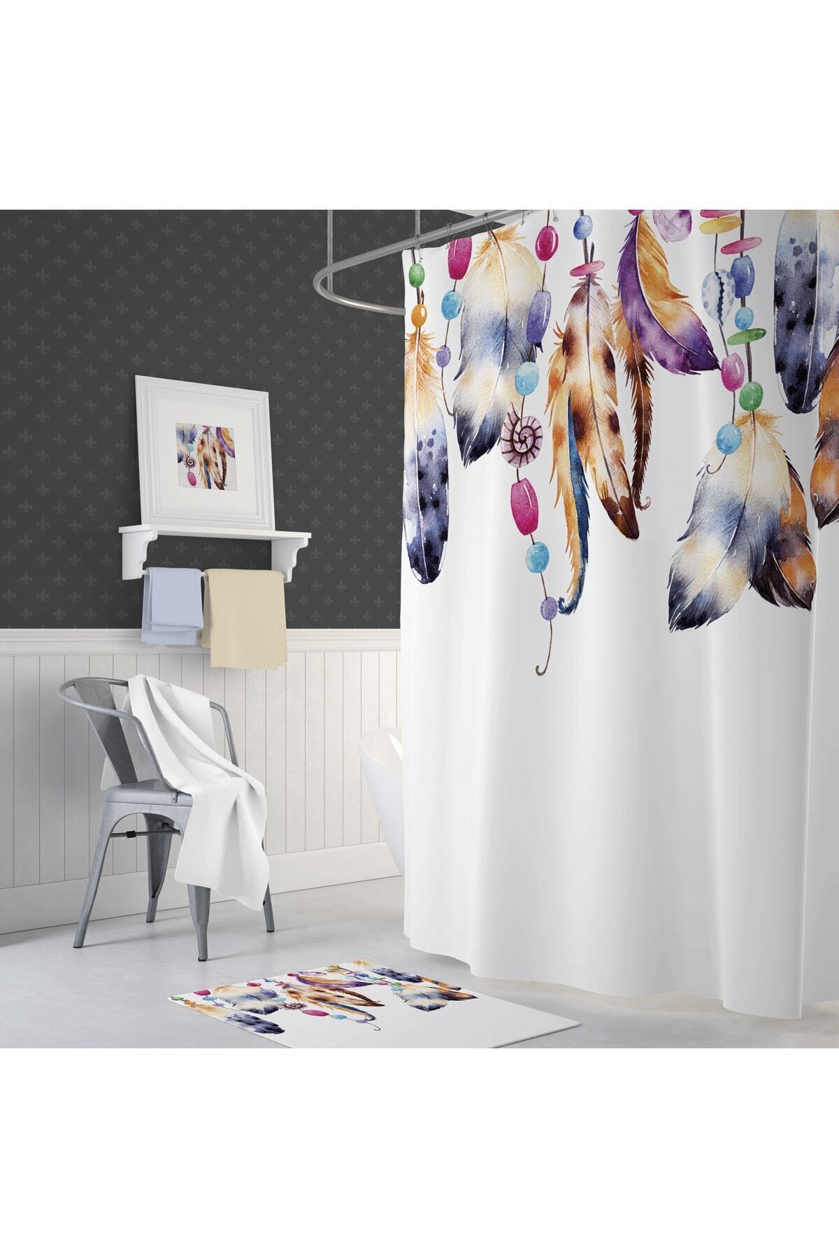 Tropikhome 180 x 200 Çok Renkli Tüy Desenli Banyo Perdesi — Çok Renkli
