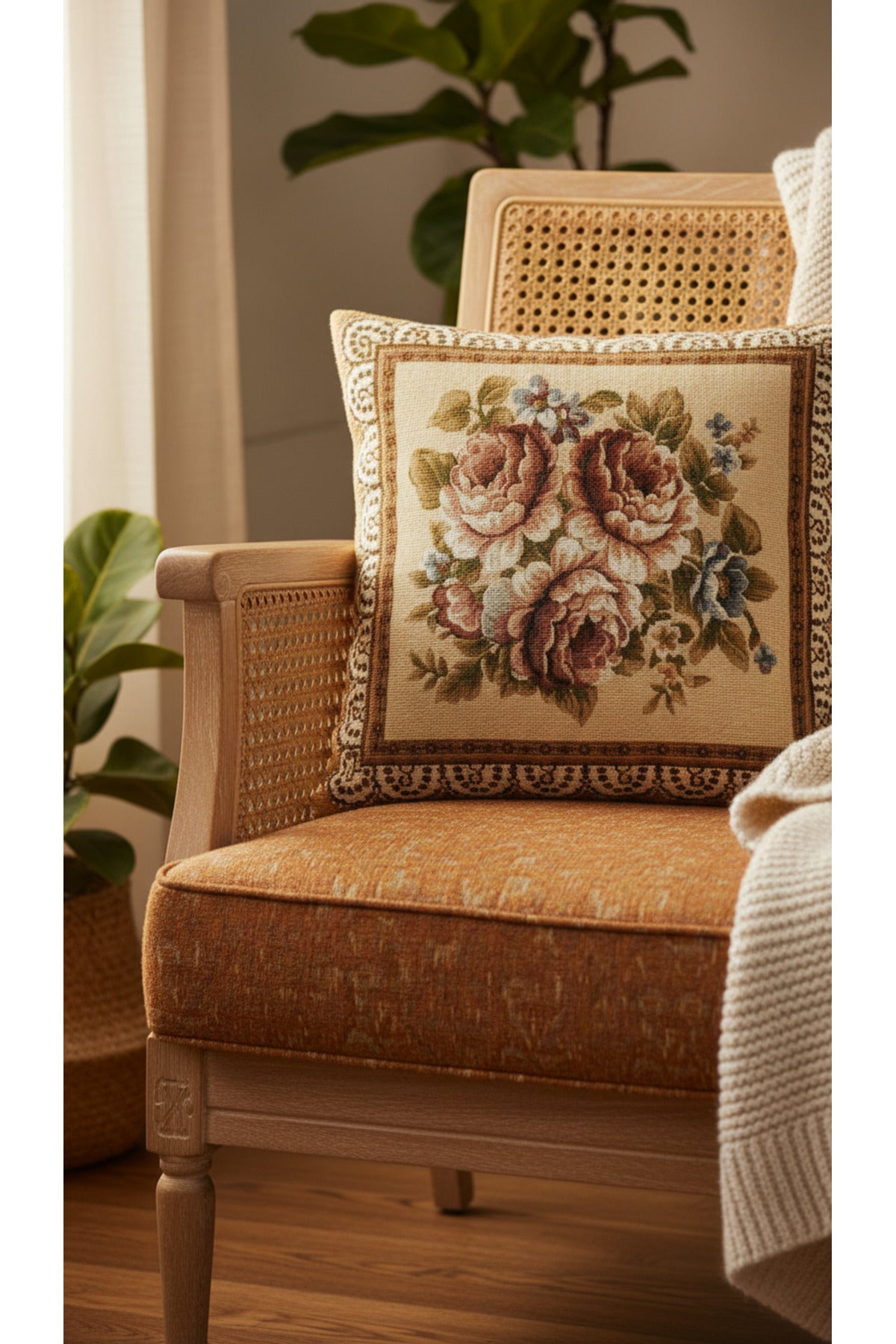 Tropikhome ST-9 Kırsal Ev Desenli 45 x 45 Cm Çift Taraflı Goblen Dokuma Kırlent Kılıfı — Çok Renkli