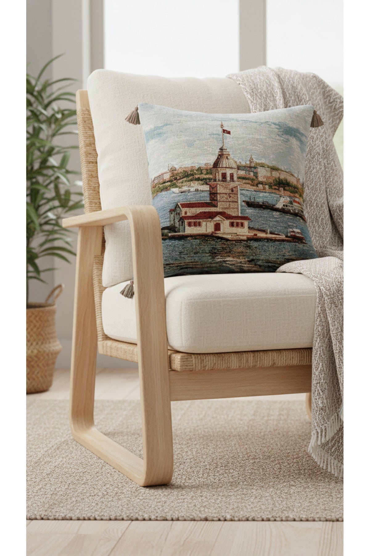 Tropikhome ST-9 Kırsal Ev Desenli 45 x 45 Cm Çift Taraflı Goblen Dokuma Kırlent Kılıfı — Çok Renkli