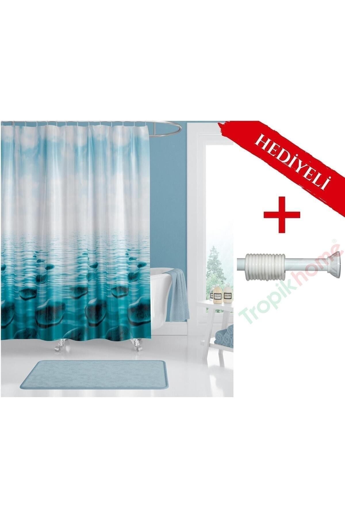 Taş Desenli Polyester Kumaş Banyo Perdesi 2MT Beyaz Yaylı Boru ve C-halkalı Set — Çok Renkli