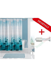 Taş Desenli Polyester Kumaş Banyo Perdesi 2MT Beyaz Yaylı Boru ve C-halkalı Set — Çok Renkli
