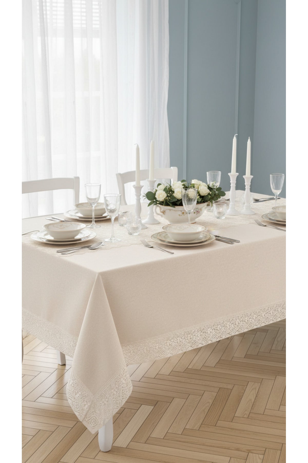 Tropikhome 160 x 220 Gri Pamuklu Masa Örtüsü Ve Dantelli Runner Çeyiz Seti — Gri