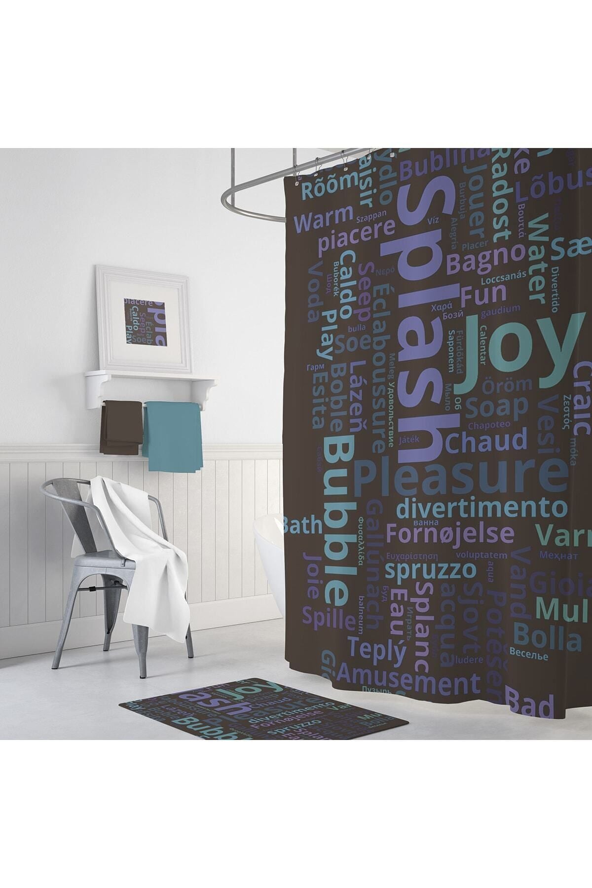 Tropikhome 180 x 200 Çok Renkli Yazılı Desenli Banyo Perdesi — Çok Renkli
