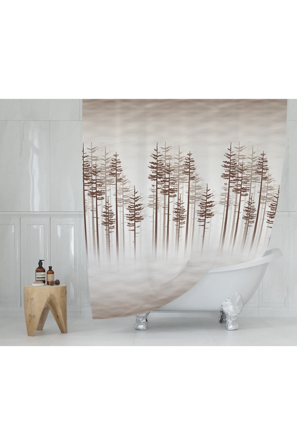 Tropikhome 180 x 200 Kahverengi Orman Manzarası Desenli Banyo Perdesi — Kahverengi