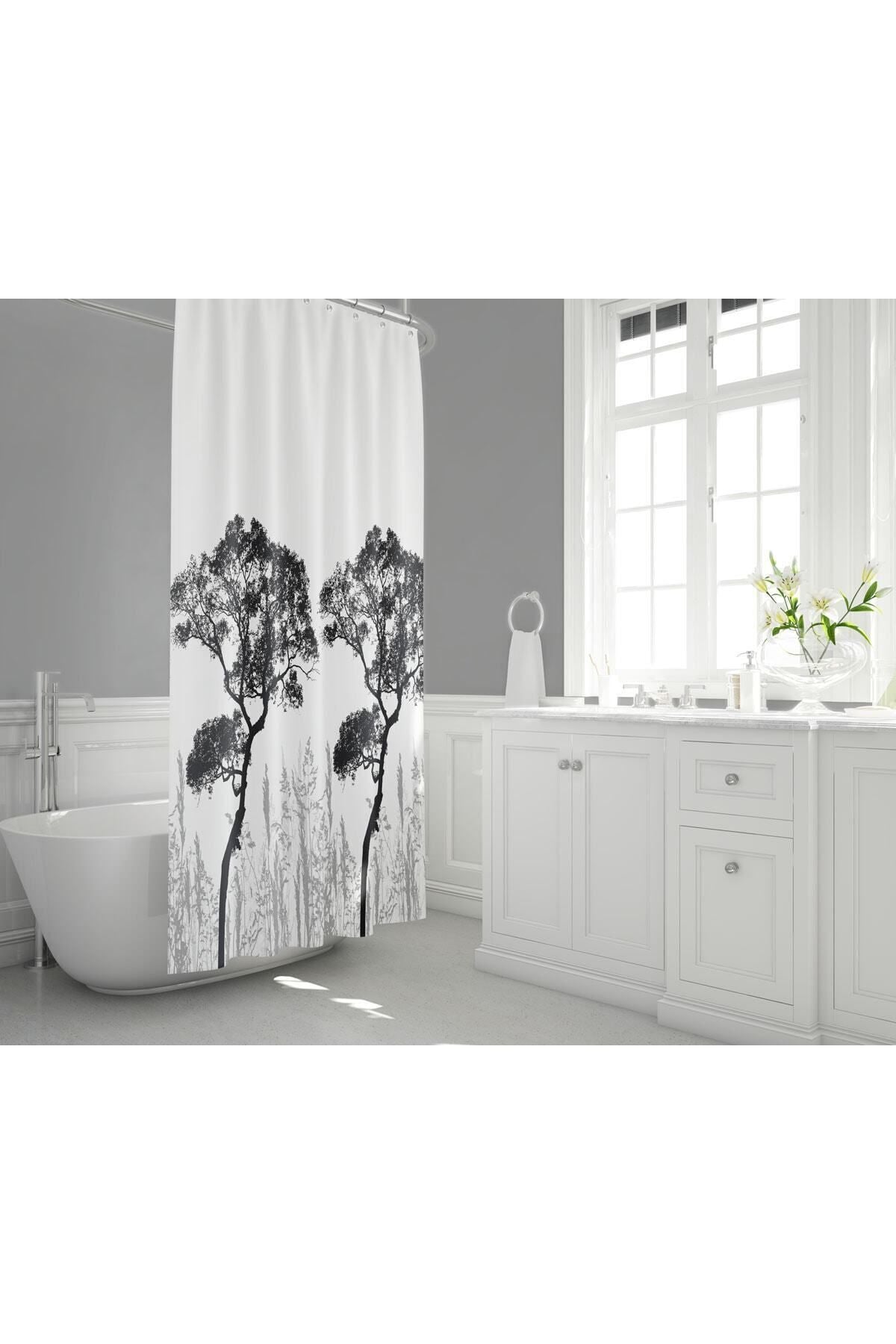 Tropikhome 180 x 200 Siyah Ağaç Desenli Banyo Perdesi — Siyah