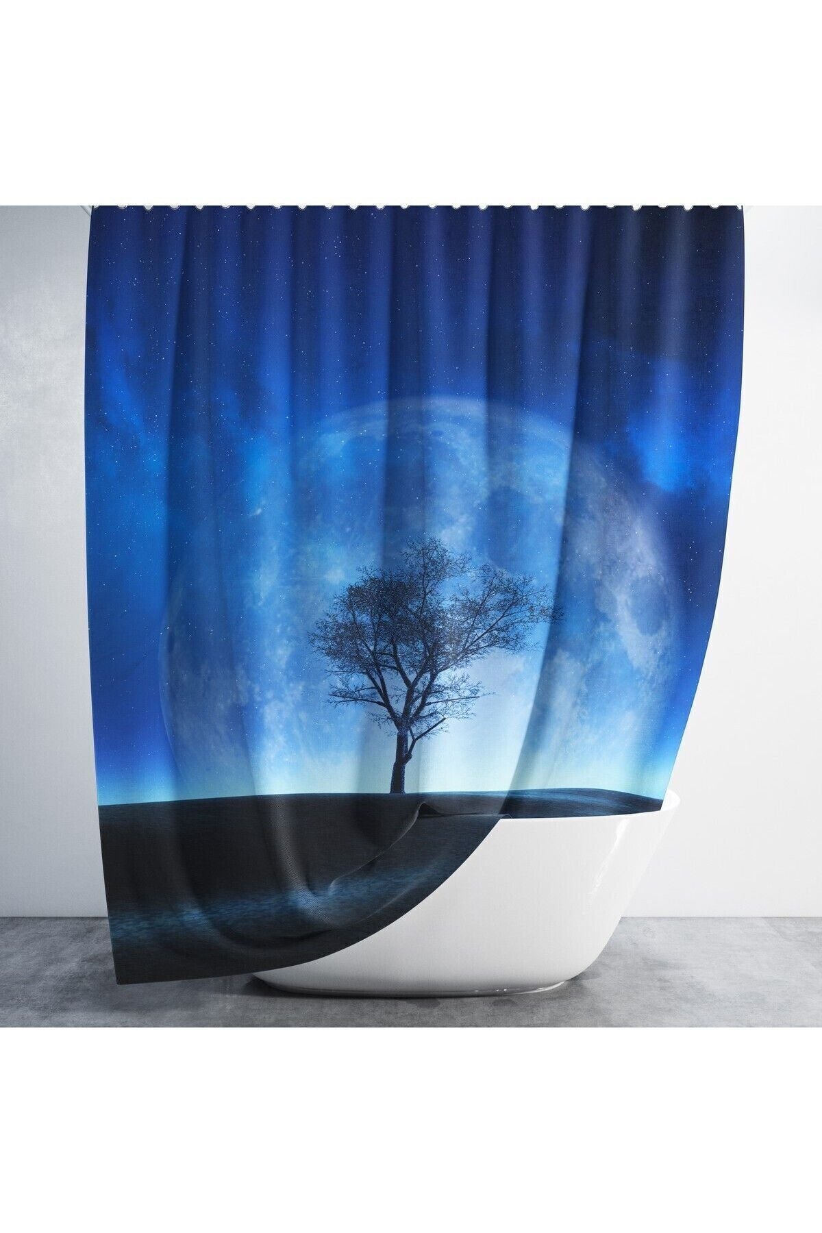 Tropikhome 180 x 200 Mavi Ay Desenli Banyo Perdesi — Mavi
