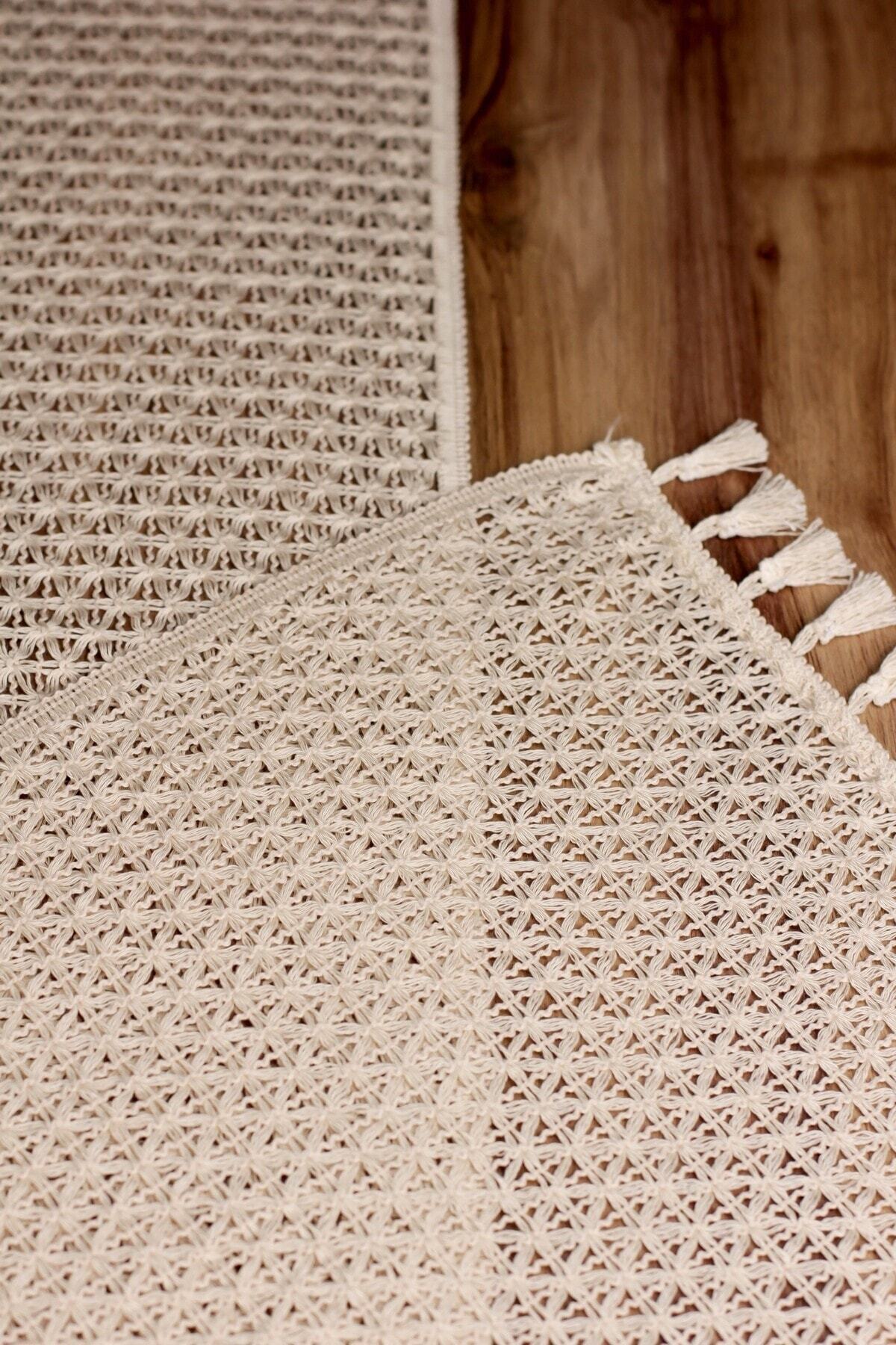 Tül Dantel Örgü Pamuklu Püsküllü Krem 35x145 Cm Runner — Krem