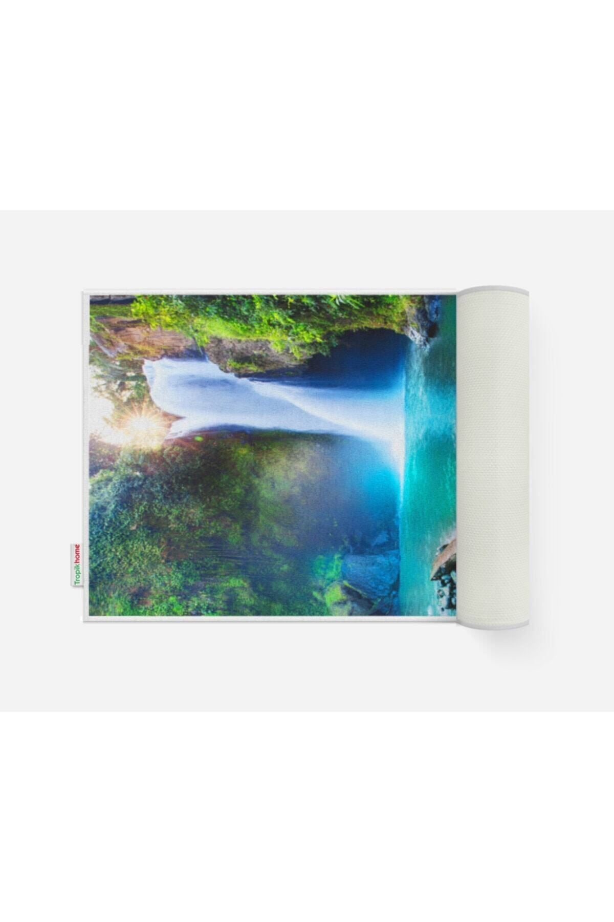 Tropikhome Kaymaz Tabanlı Dijital Baskılı 50x80cm Püsküllü Banyo Paspası — Waterfall