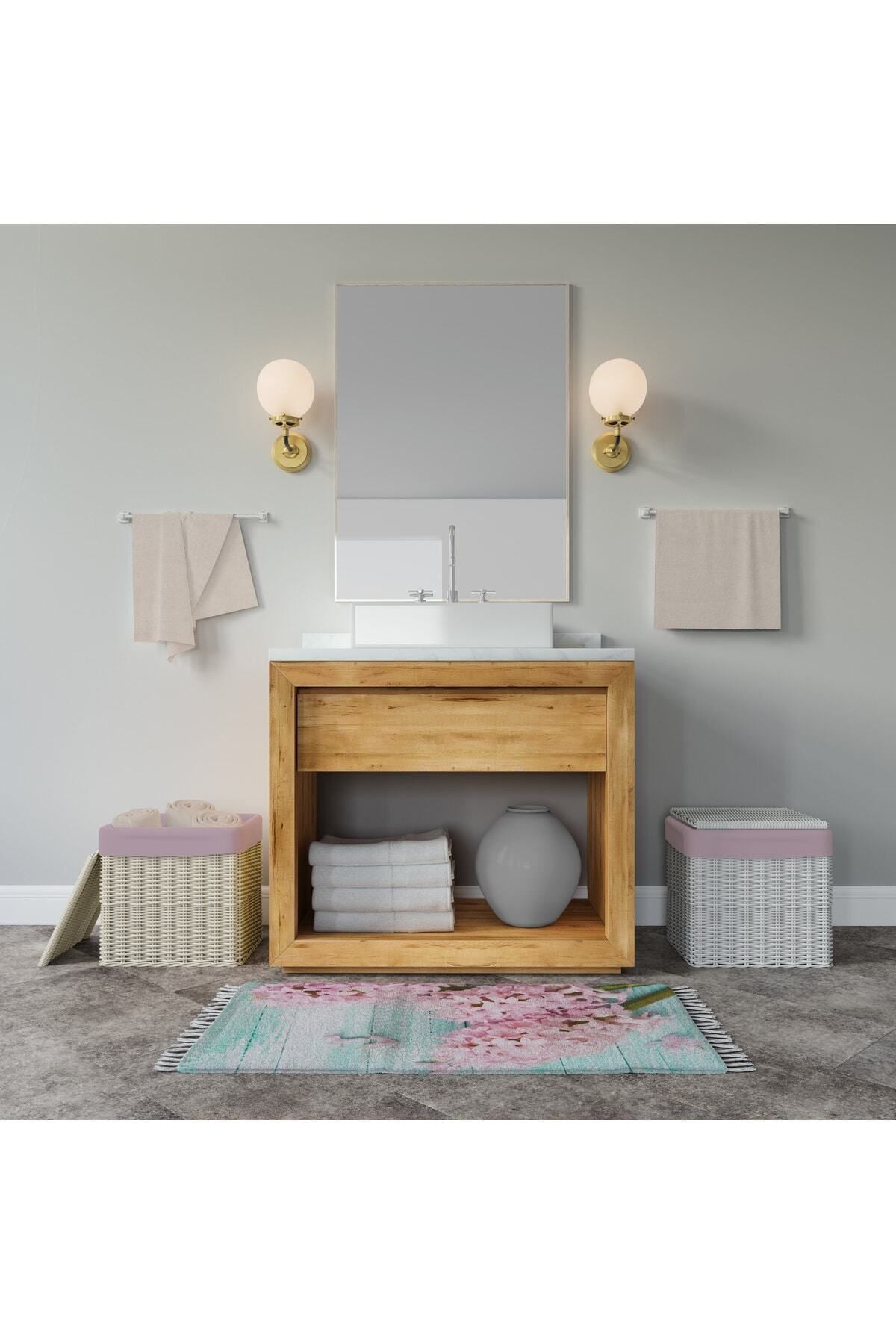 Çiçek Desenli Kaymaz Taban Dijital Baskılı 50x80cm Banyo Paspası ve 180x200cm Dijital Baskılı Banyo Perdesi Takımı — 180 x 200 + 50 x 80
