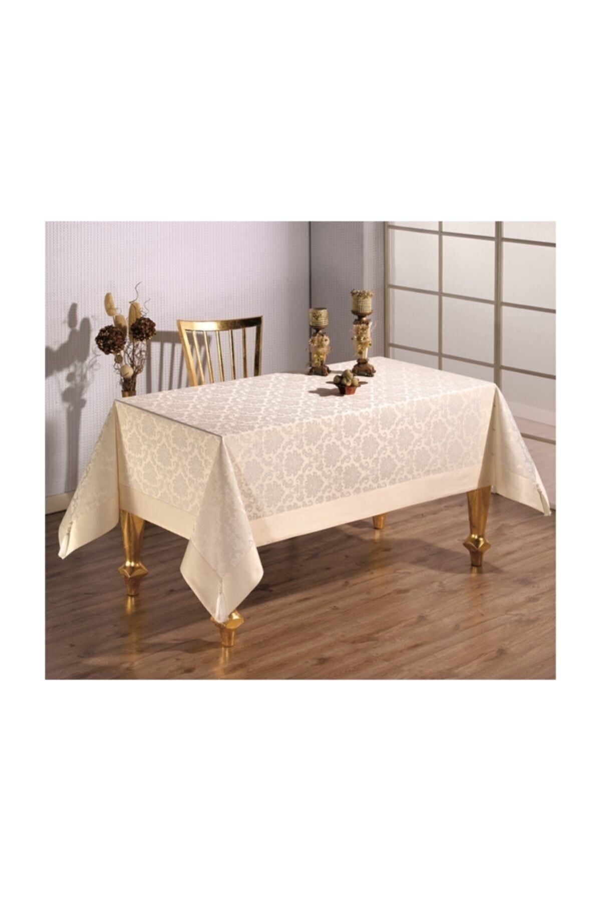Tropikhome 160 x 220 Krem Pamuklu Damask Desenli Bordürlü Masa Örtüsü — Krem
