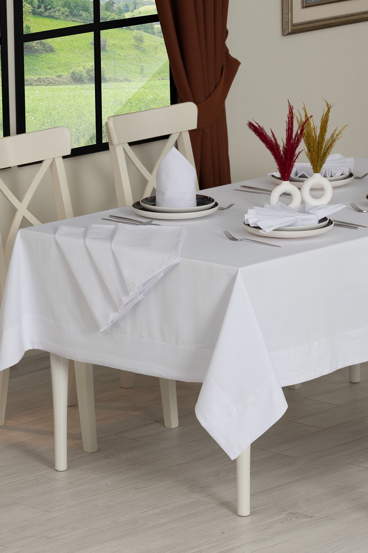 Tropikhome 160 x 220 + 8 Peçete Beyaz Pamuklu 9 Parça Masa Örtüsü Seti  — Beyaz