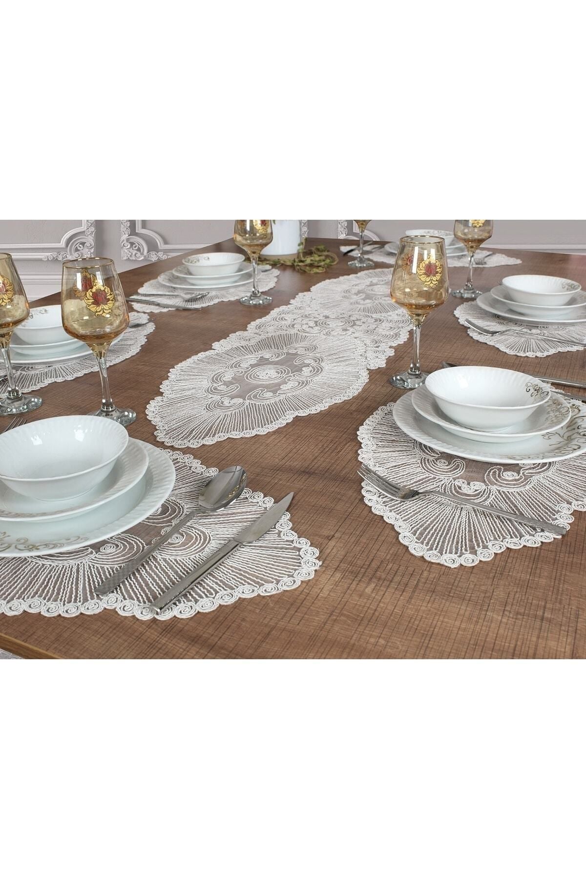 Tropikhome Nakışlı Gri 35 x 115 Runner + 35 x 50*6 Amerikan Servisli 7 Parça Sunum Yemek Seti — Gri