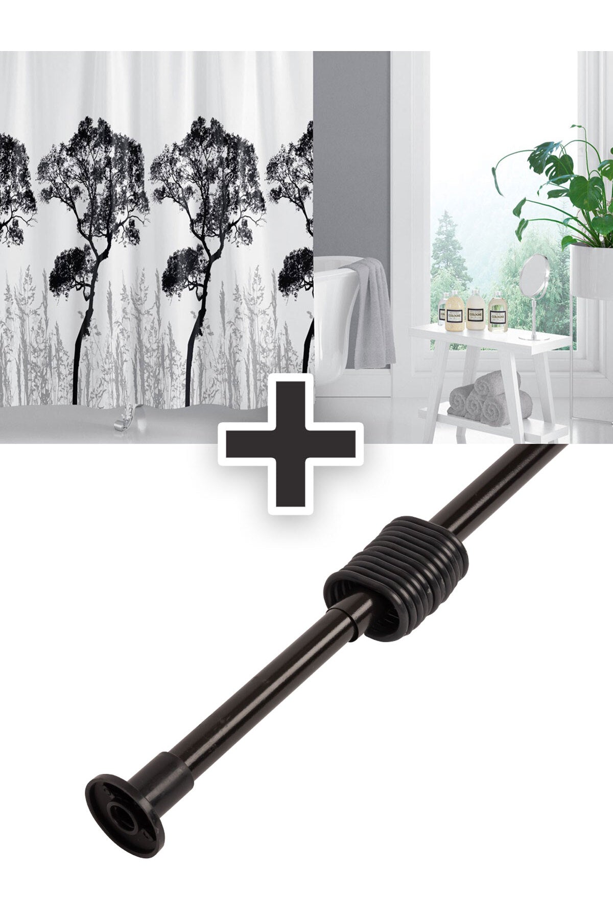 Polyester Kumaş Ağaç Desen Banyo Perdesi Siyah 2mt Yaylı Boru Hediyeli C-halkalı Duş Perdesi — Siyah