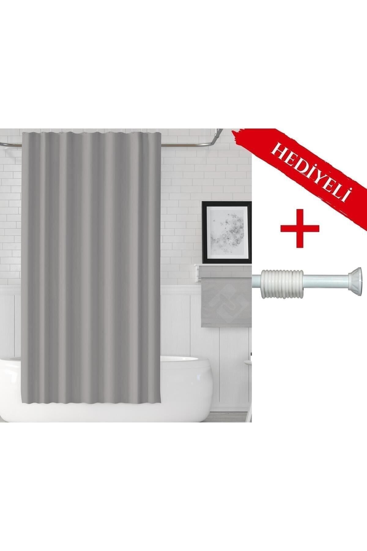 Gri Renk Polyester Kumaş Banyo Perdesi 2MT Beyaz Yaylı Boru ve C-halkalı Set — Gri