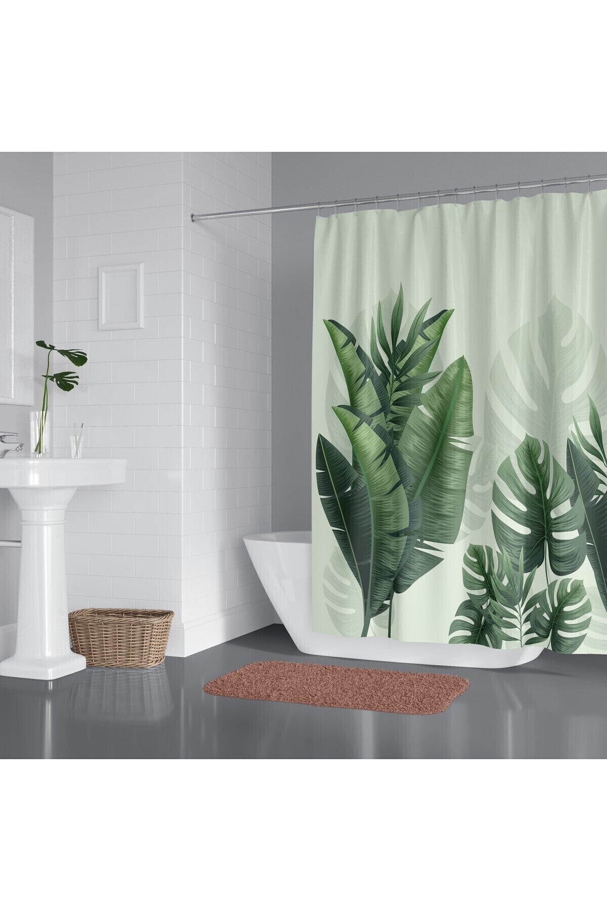 Tropikhome 180 x 200 Yeşil Palmiye Desenli Banyo Perdesi — Yeşil