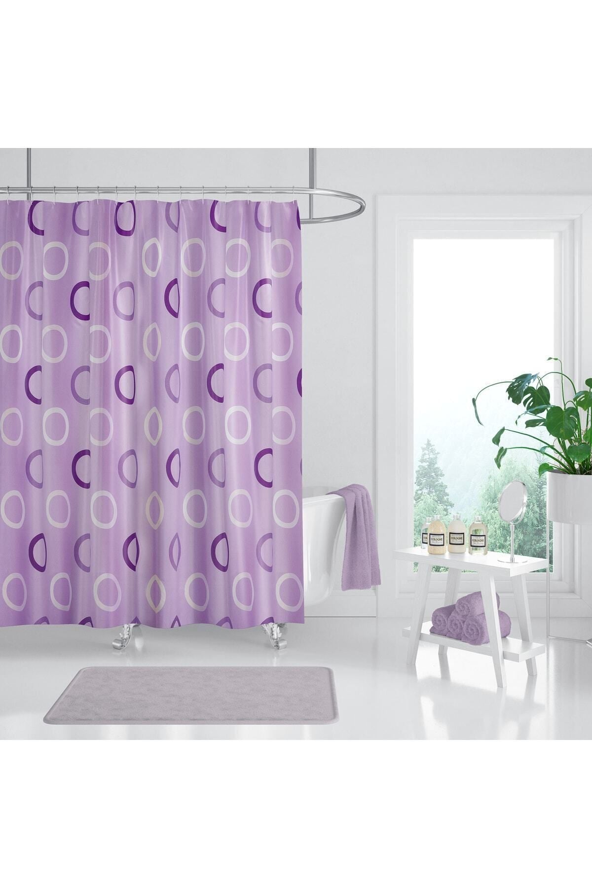 Tropikhome 180 x 200 Mor Halka Desenli Banyo Perdesi — Mor