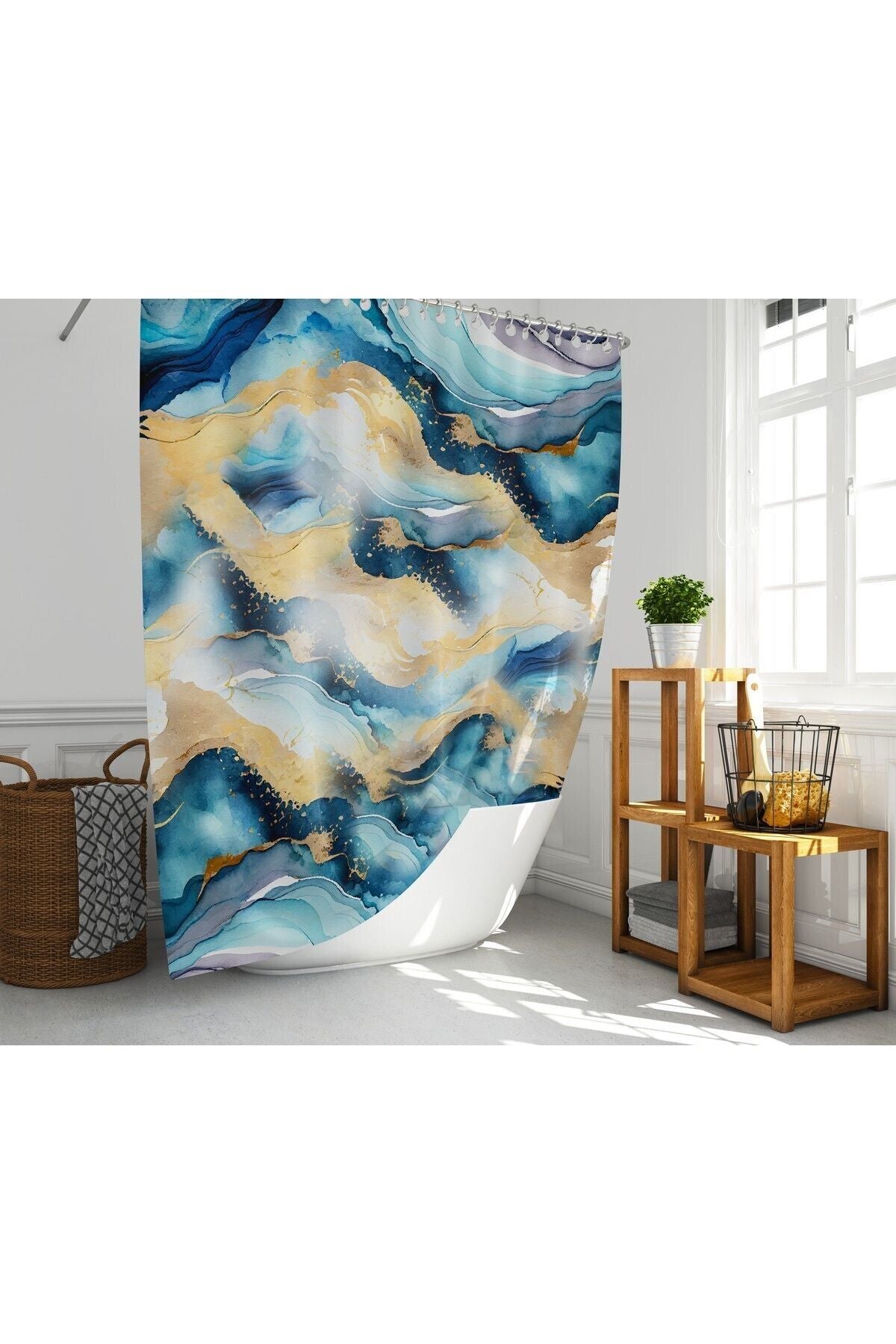Tropikhome 180 x 200 Turkuaz Mermer Desenli Banyo Perdesi — Turkuaz