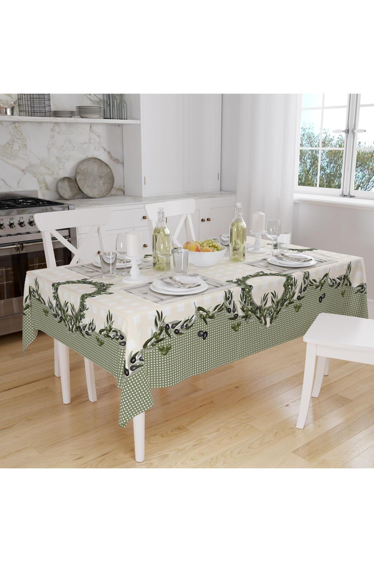 Tropikhome 150 x 220 Zeytin Desenli Solma Yapmaz Dijital Baskılı Dertsiz Masa Örtüsü — Yeşil