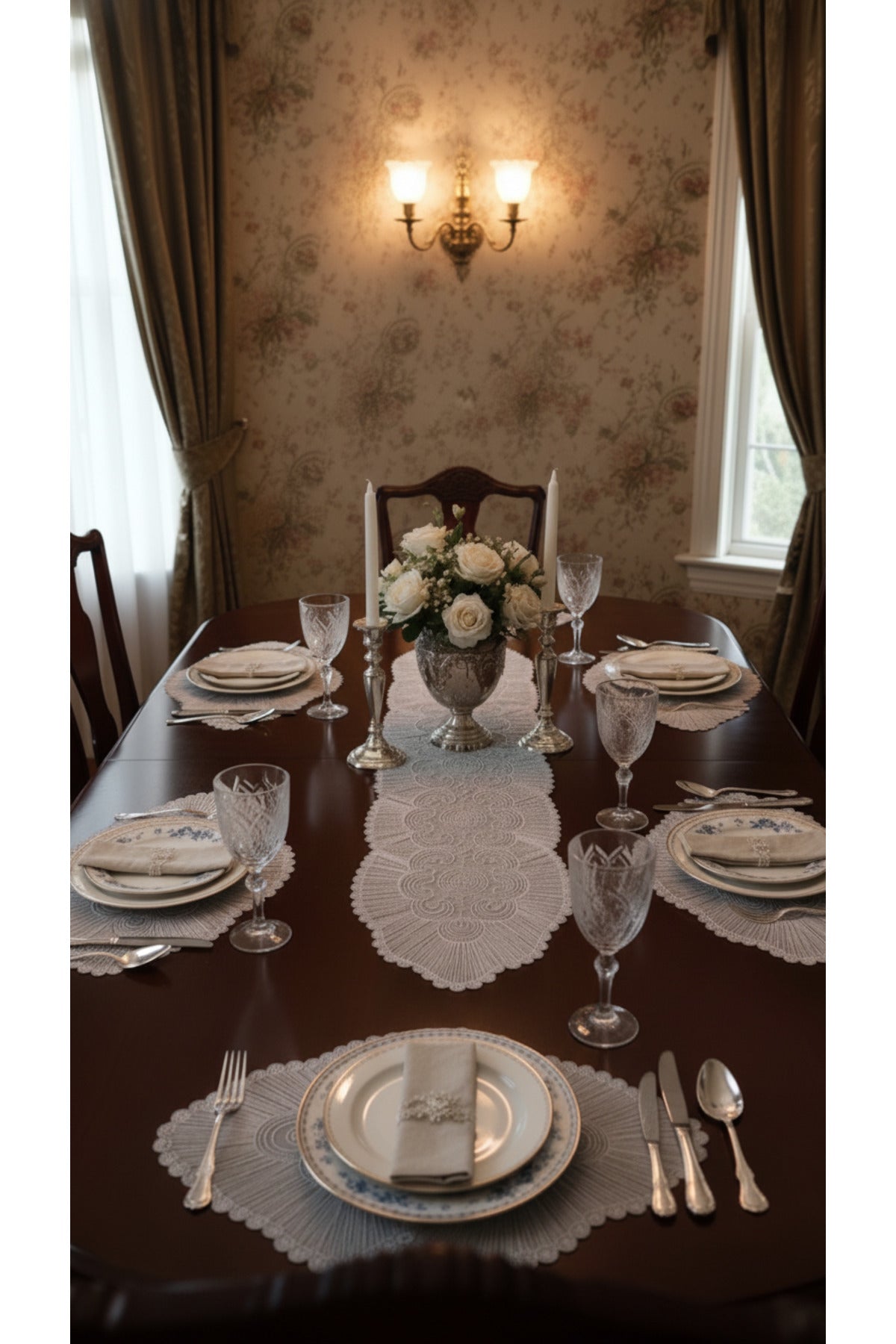 Tropikhome Nakışlı Gri 35 x 115 Runner + 35 x 50*6 Amerikan Servisli 7 Parça Sunum Yemek Seti — Gri