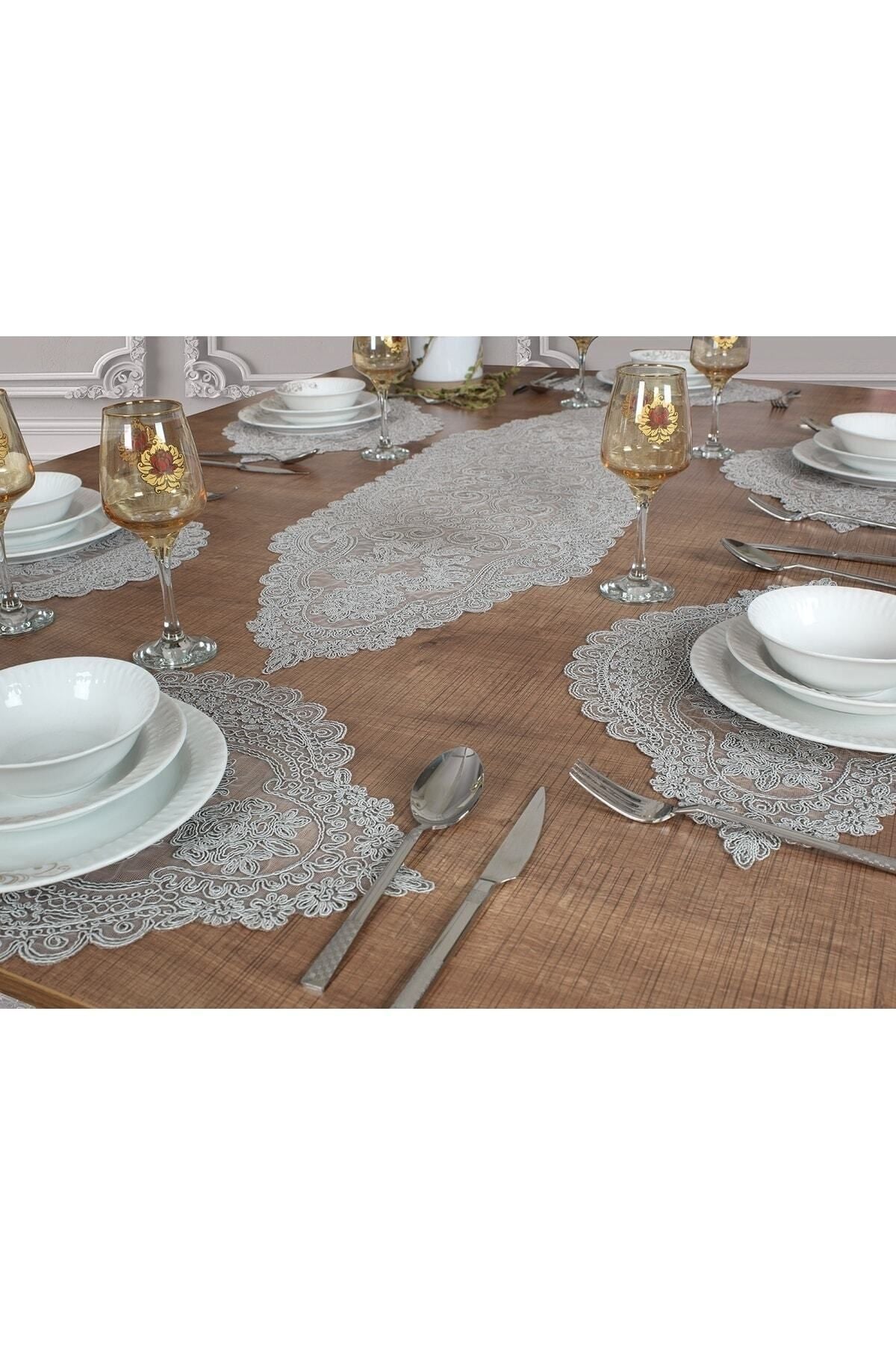 Tropikhome Nakışlı Gri 35 x 115 Runner + 35 x 50*12 Amerikan Servisli 13 Parça Sunum Yemek Seti — Gri