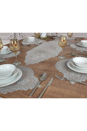 Tropikhome Nakışlı Gri 35 x 115 Runner + 35 x 50*12 Amerikan Servisli 13 Parça Sunum Yemek Seti — Gri