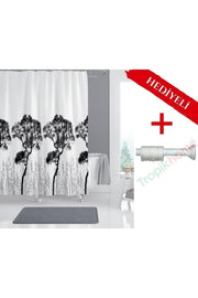 Ağaç Desenli Polyester Kumaş Banyo Perdesi 2MT Beyaz Yaylı Boru ve C-halkalı Set — Siyah