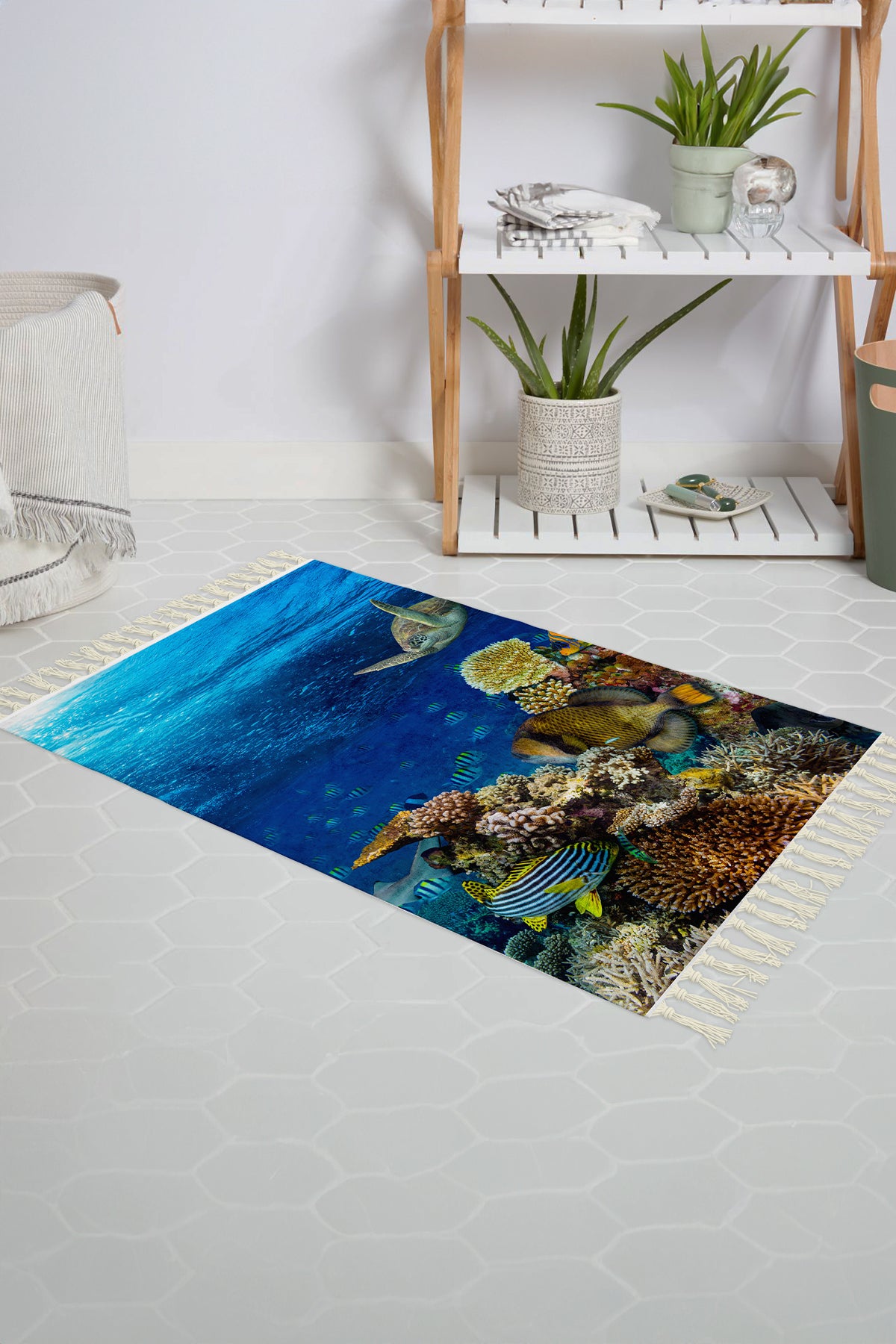 Tropikhome Kaymaz Tabanlı Dijital Baskılı 50x80cm Püsküllü Banyo Paspası — Aquarium