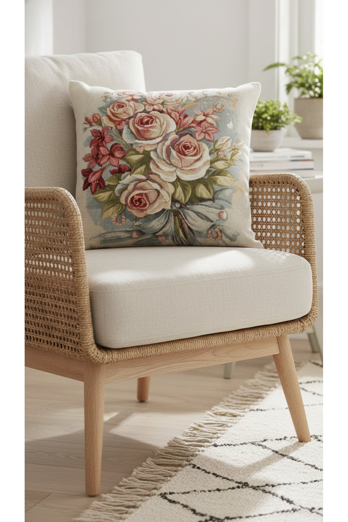 Tropikhome ST-9 Kırsal Ev Desenli 45 x 45 Cm Çift Taraflı Goblen Dokuma Kırlent Kılıfı — Çok Renkli