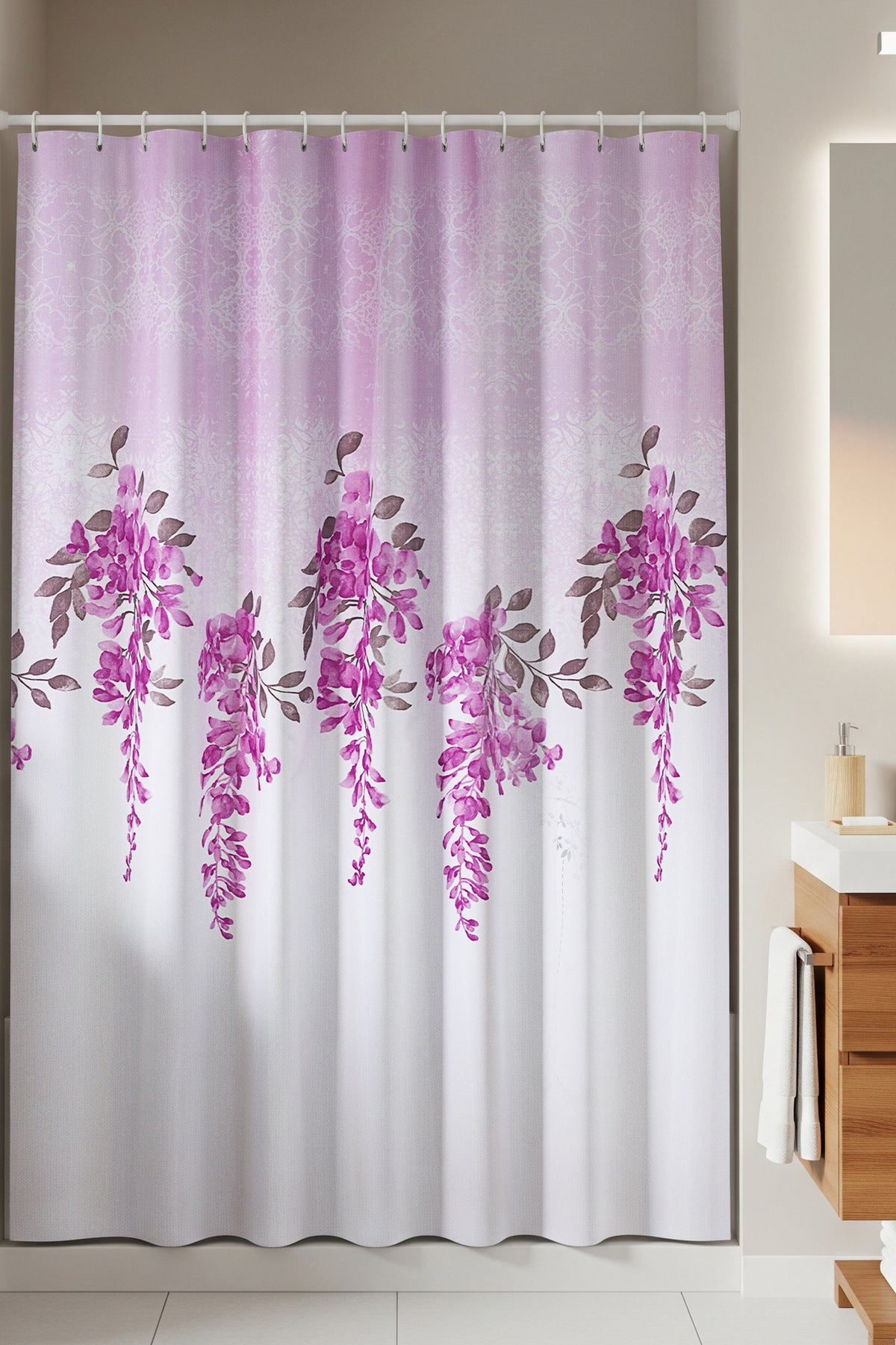 Tropikhome 180 x 200 Mor Çiçek Desenli Banyo Perdesi — Mor