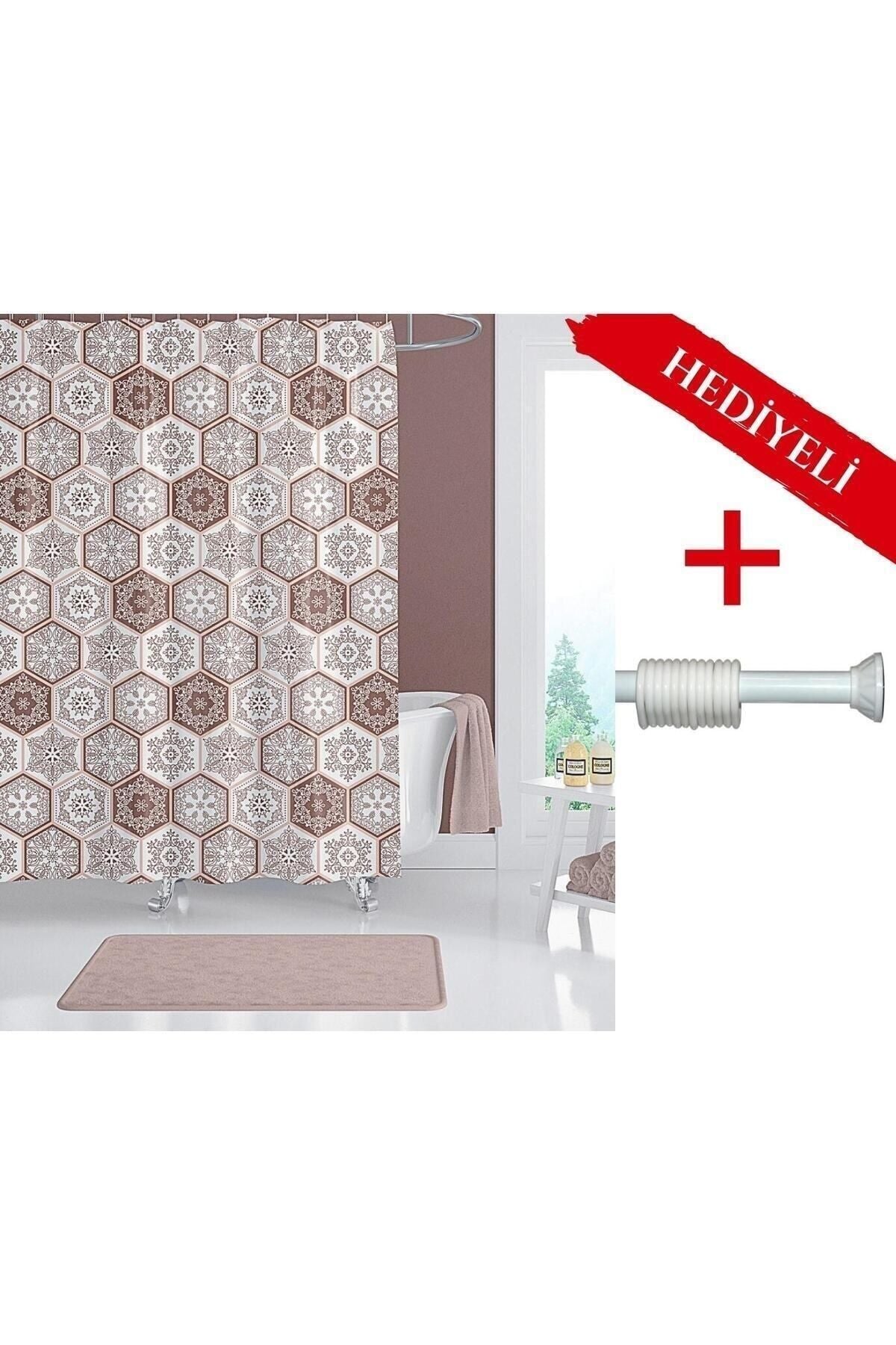 Fayans Desenli Polyester Kumaş Banyo Perdesi 2MT Beyaz Yaylı Boru ve C-halkalı Set — Kahverengi