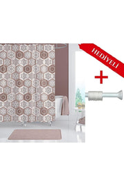 Fayans Desenli Polyester Kumaş Banyo Perdesi 2MT Beyaz Yaylı Boru ve C-halkalı Set — Kahverengi