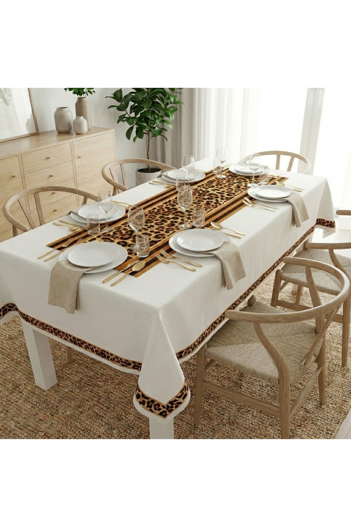 Tropikhome 150 x 220 Leopar Desenli Solma Yapmaz Dijital Baskılı Dertsiz Masa Örtüsü — Kahverengi