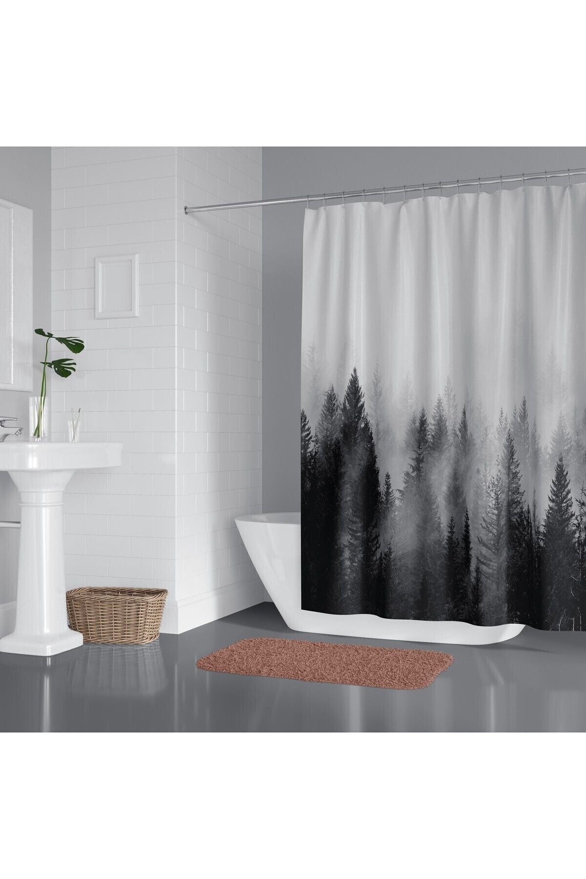 Tropikhome 180 x 200 Siyah Orman Manzarası Desenli Banyo Perdesi — Siyah
