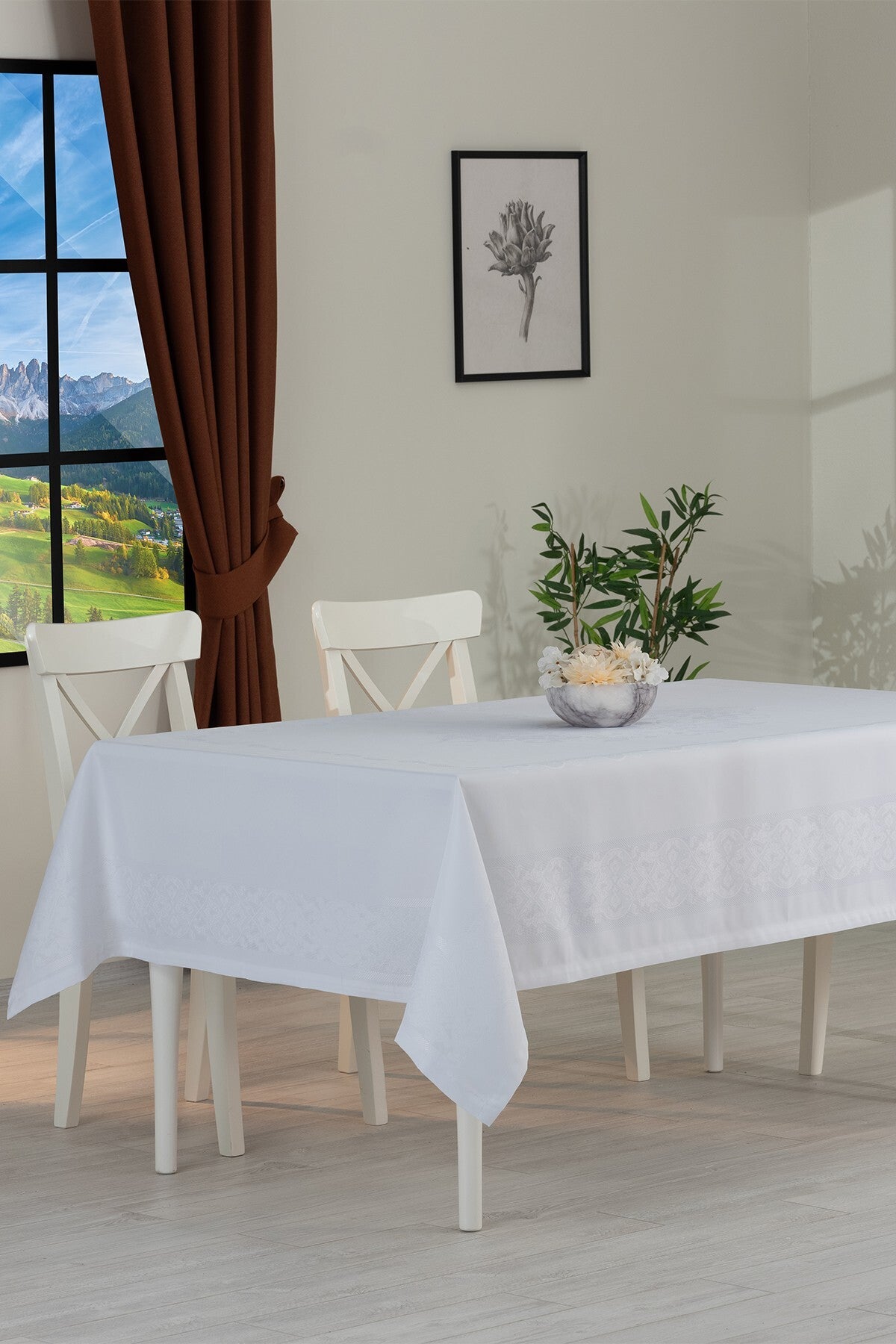 Tropikhome 160 x 220 Beyaz Sıvı İticilik Özellikli Jumbo Jakar Pano Masa Örtüsü — Beyaz