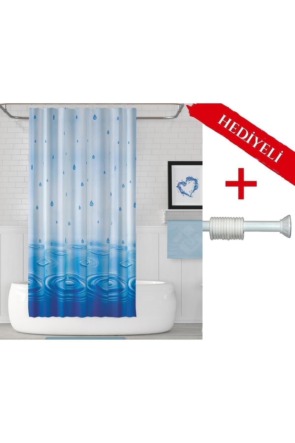 Su Damlası Desenli Polyester Kumaş Banyo Perdesi 2MT Beyaz Yaylı Boru ve C-halkalı Set — Mavi