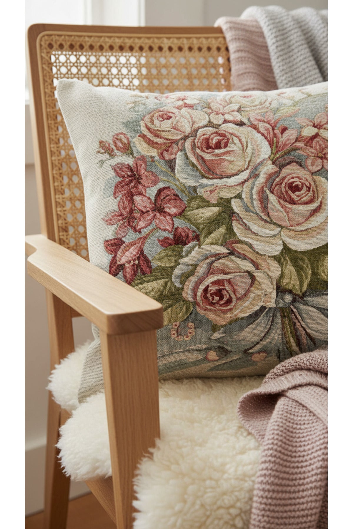 Tropikhome ST-9 Kırsal Ev Desenli 45 x 45 Cm Çift Taraflı Goblen Dokuma Kırlent Kılıfı — Çok Renkli
