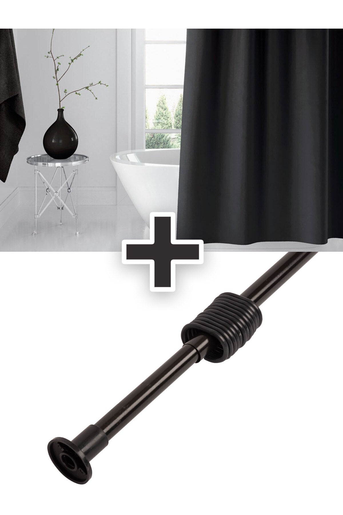 Polyester Kumaş Siyah Banyo Perdesi Siyah 2MT Yaylı Boru ve C-halkalı Set — Siyah