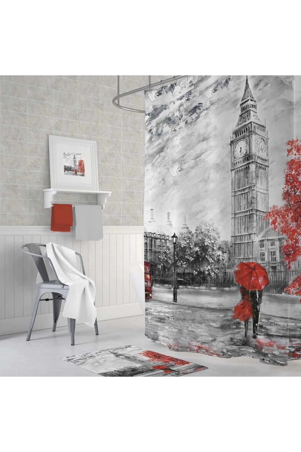 Tropikhome 180 x 200 Çok Renkli Big Ben Desenli Banyo Perdesi — Çok Renkli