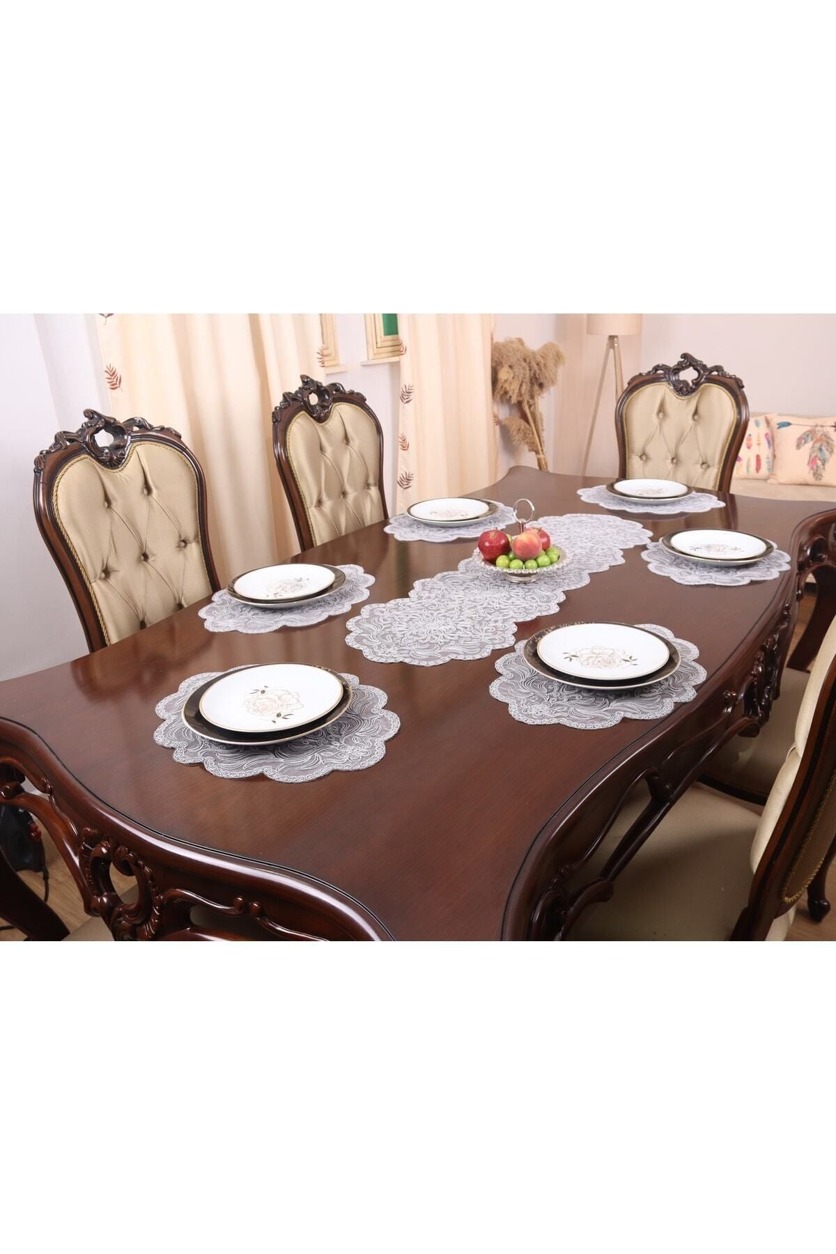 Tropikhome Nakışlı Gri 40 x 110 Runner + 40 x 40*12 Amerikan Servisli 13 Parça Sunum Yemek Seti — Gri