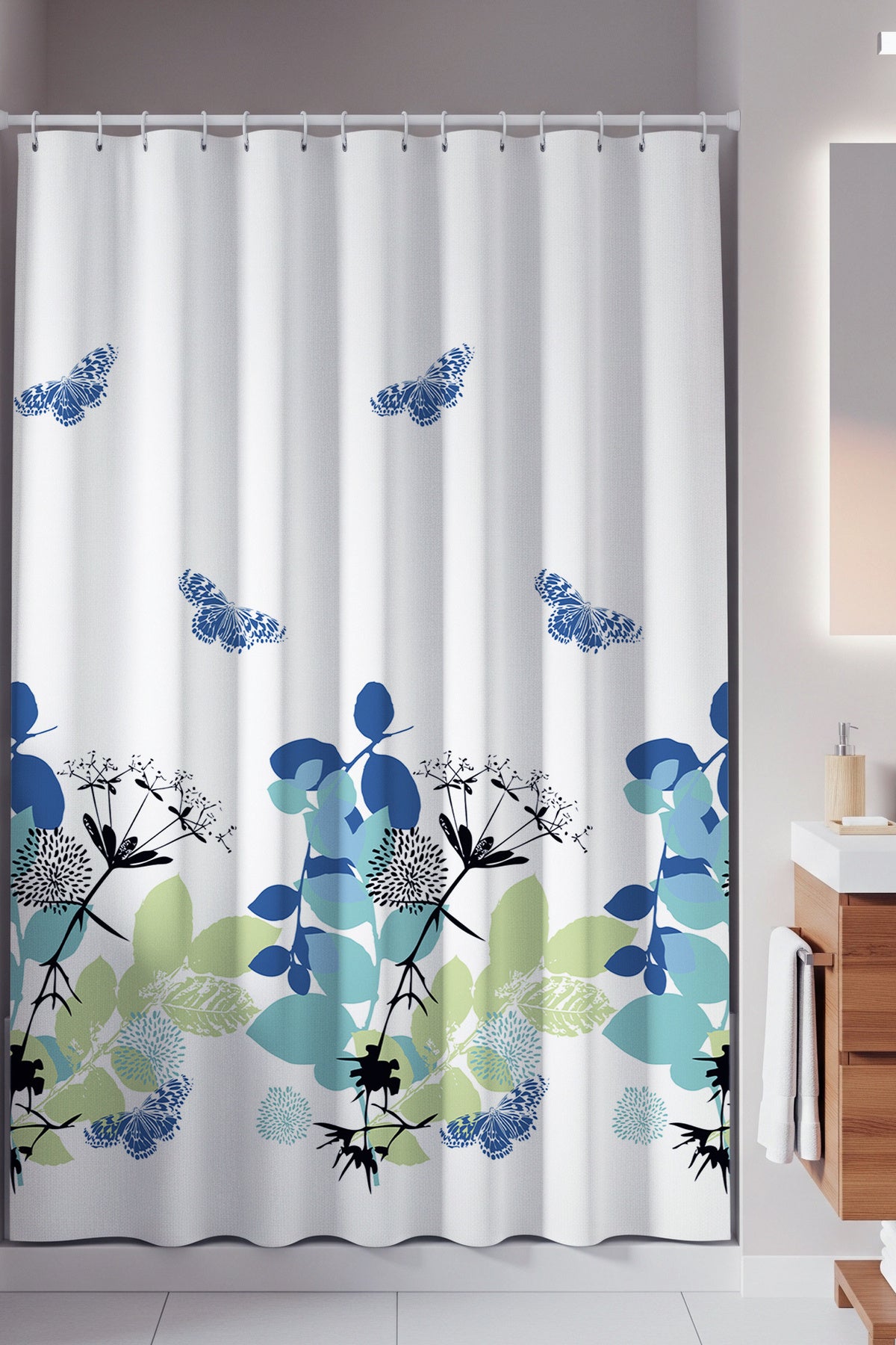 Tropikhome 180 x 200 Mavi Yaprak Desenli Banyo Perdesi — Mavi