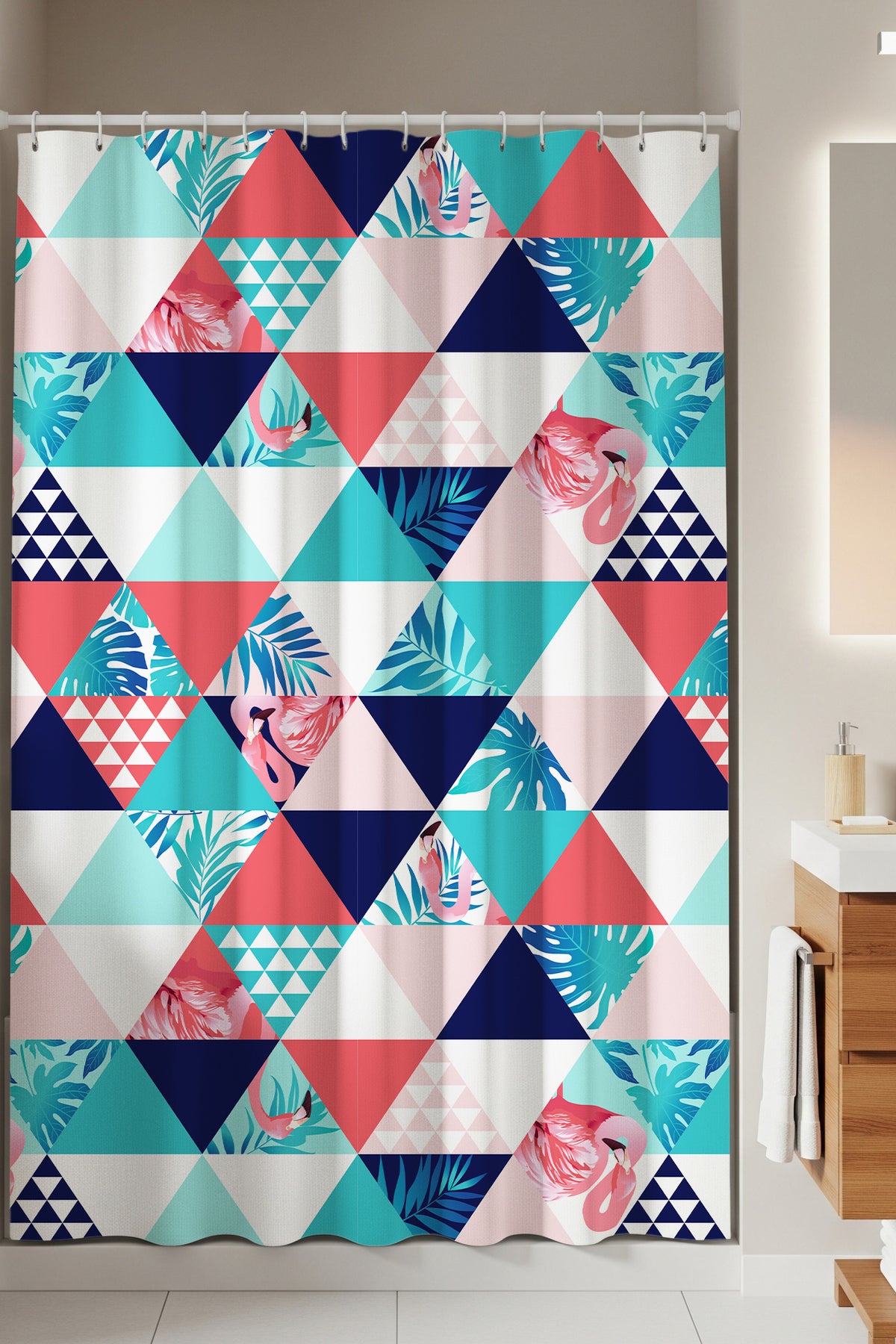 Tropikhome 180 x 200 Çok Renkli Tropikal Flamingo Desenli Geometrik Banyo Perdesi — Çok Renkli