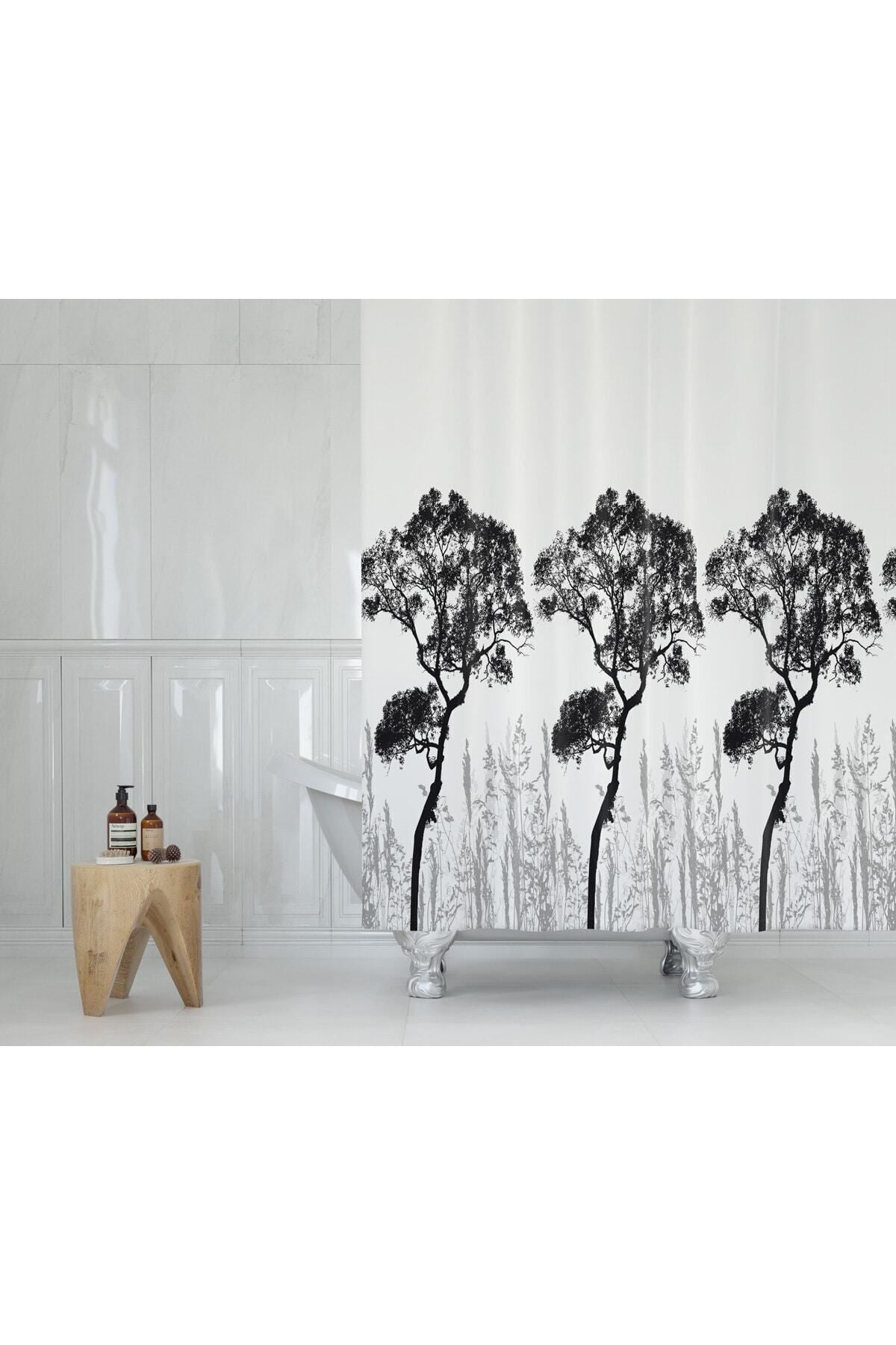 Tropikhome 180 x 200 Siyah Ağaç Desenli Banyo Perdesi — Siyah