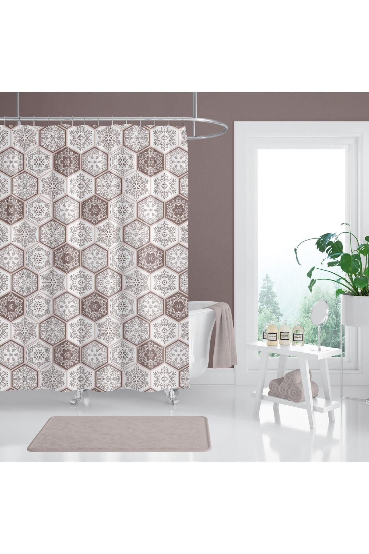 Kahverengi Fayans Desenli Kaymaz Taban Dijital Baskılı 50x80cm Banyo Paspası ve 180x200cm Dijital Baskılı Banyo Perdesi Takımı — 180 x 200 + 50 x 80