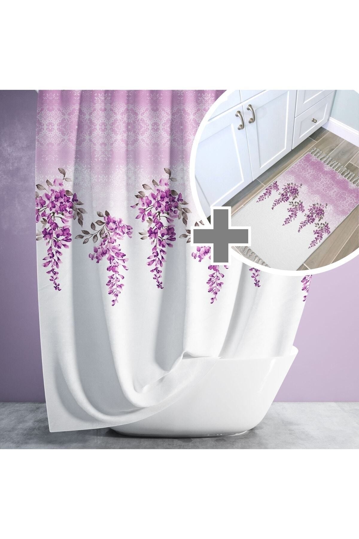 Çiçek Desenli Kaymaz Taban Dijital Baskılı 50x80cm Banyo Paspası ve 180x200cm Dijital Baskılı Banyo Perdesi Takımı — 180 x 200 + 50 x 80