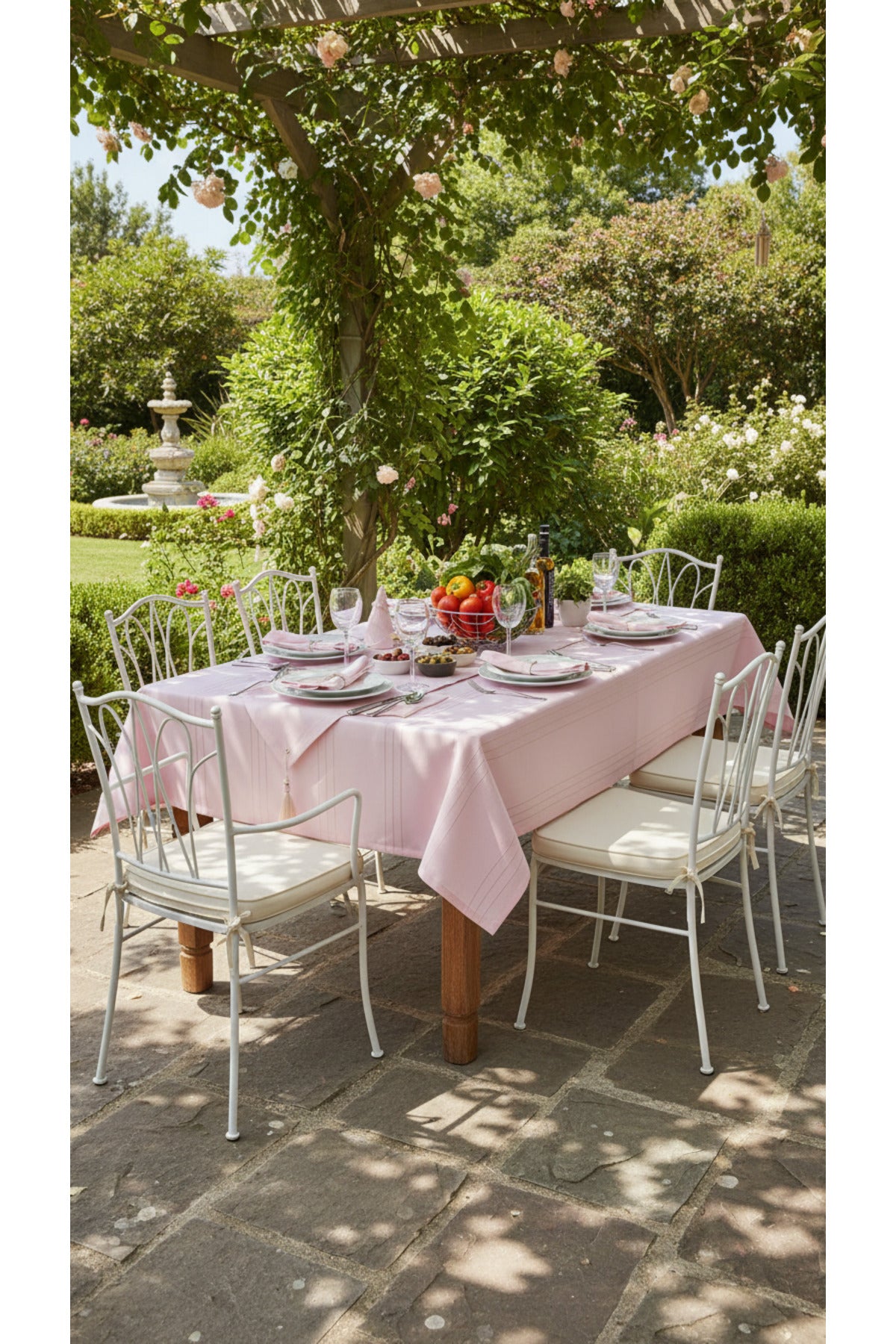 Tropikhome 160 x 220 + 1 Runner + 12 peçete + 12 Yüzük'lü Keten Görünümlü 26 Parça Dertsiz Çeyiz Seti — Pembe