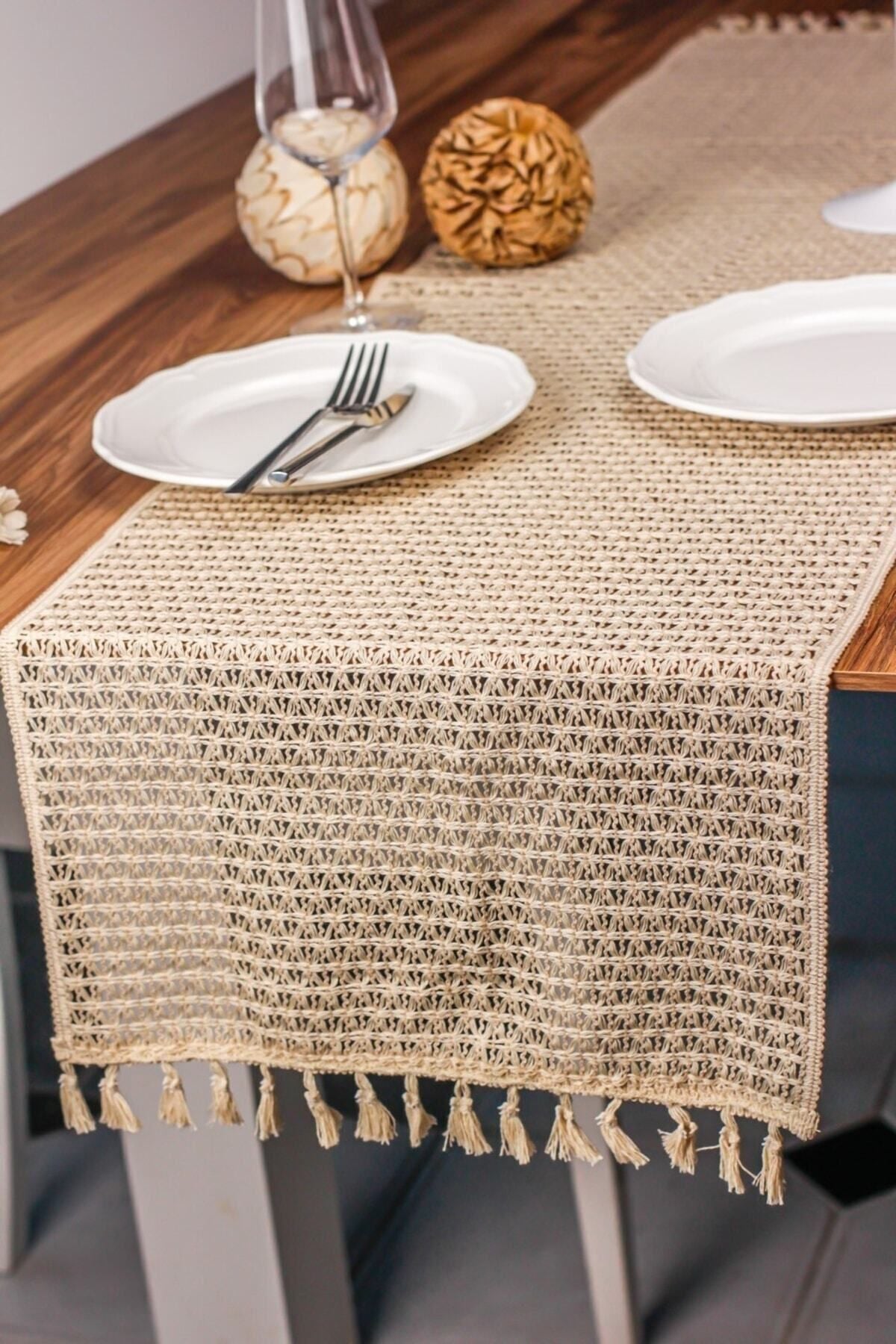 Tül Dantel Örgü Pamuklu Püsküllü Krem 35x145 Cm Runner — Krem