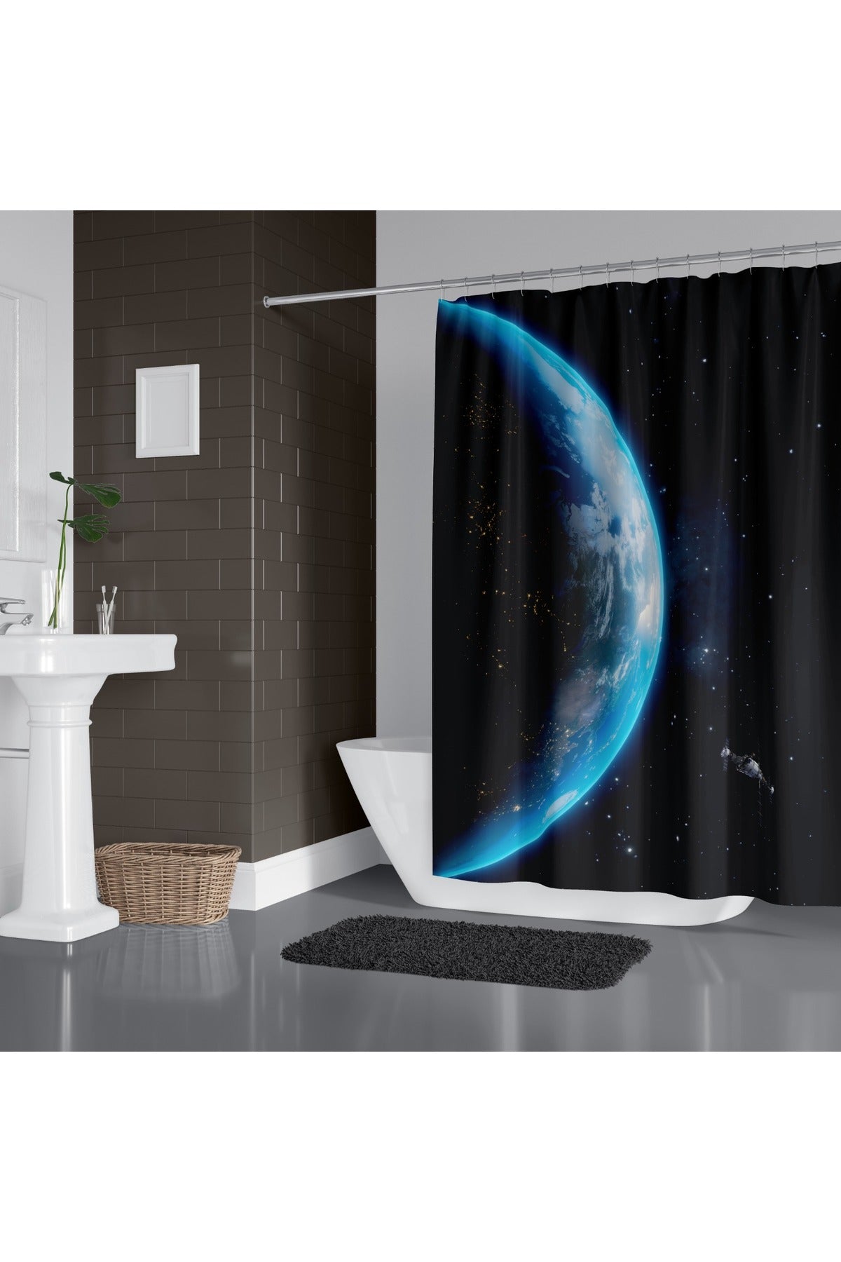 Tropikhome 180 x 200 Siyah Uzay Desenli Banyo Perdesi — Siyah