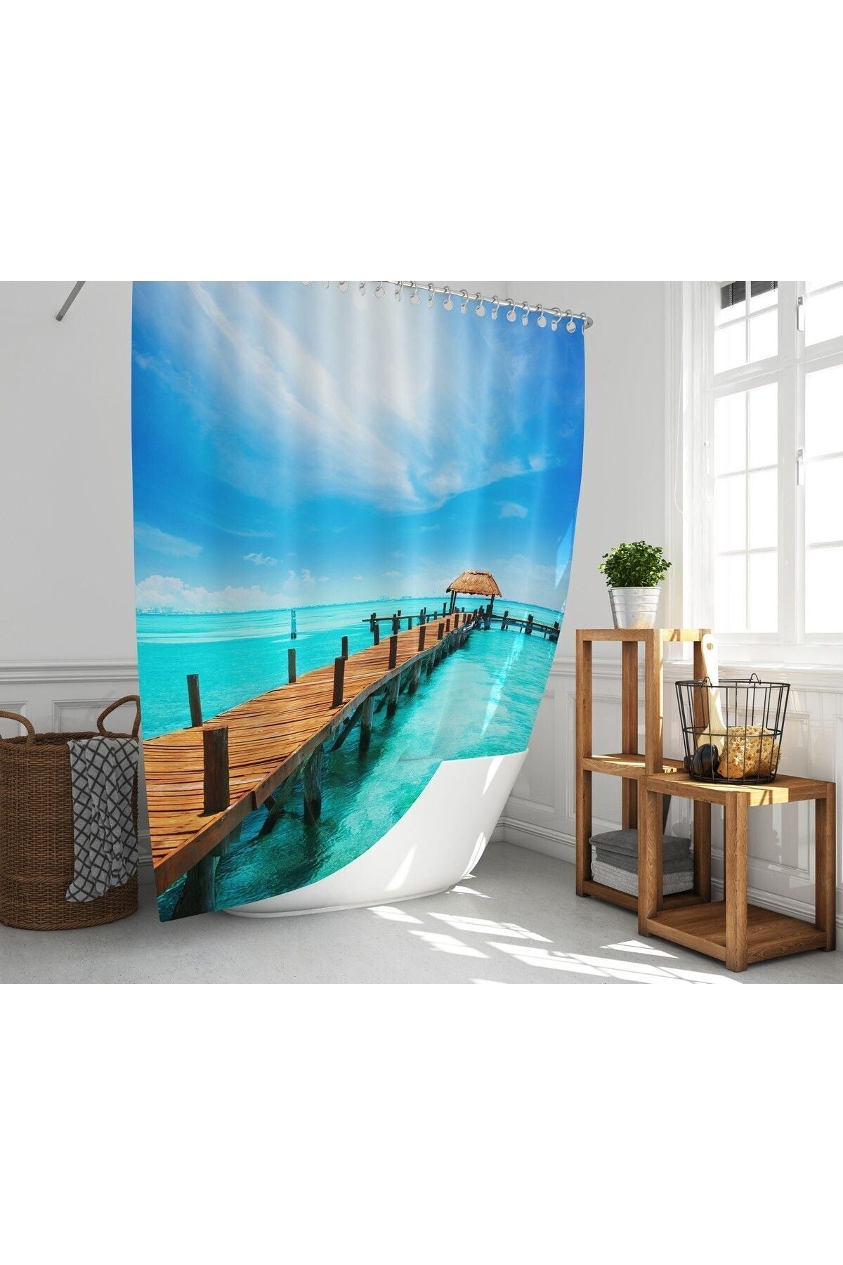 Tropikhome 180 x 200 Mavi Sahil Manzarası Desenli Banyo Perdesi — Mavi