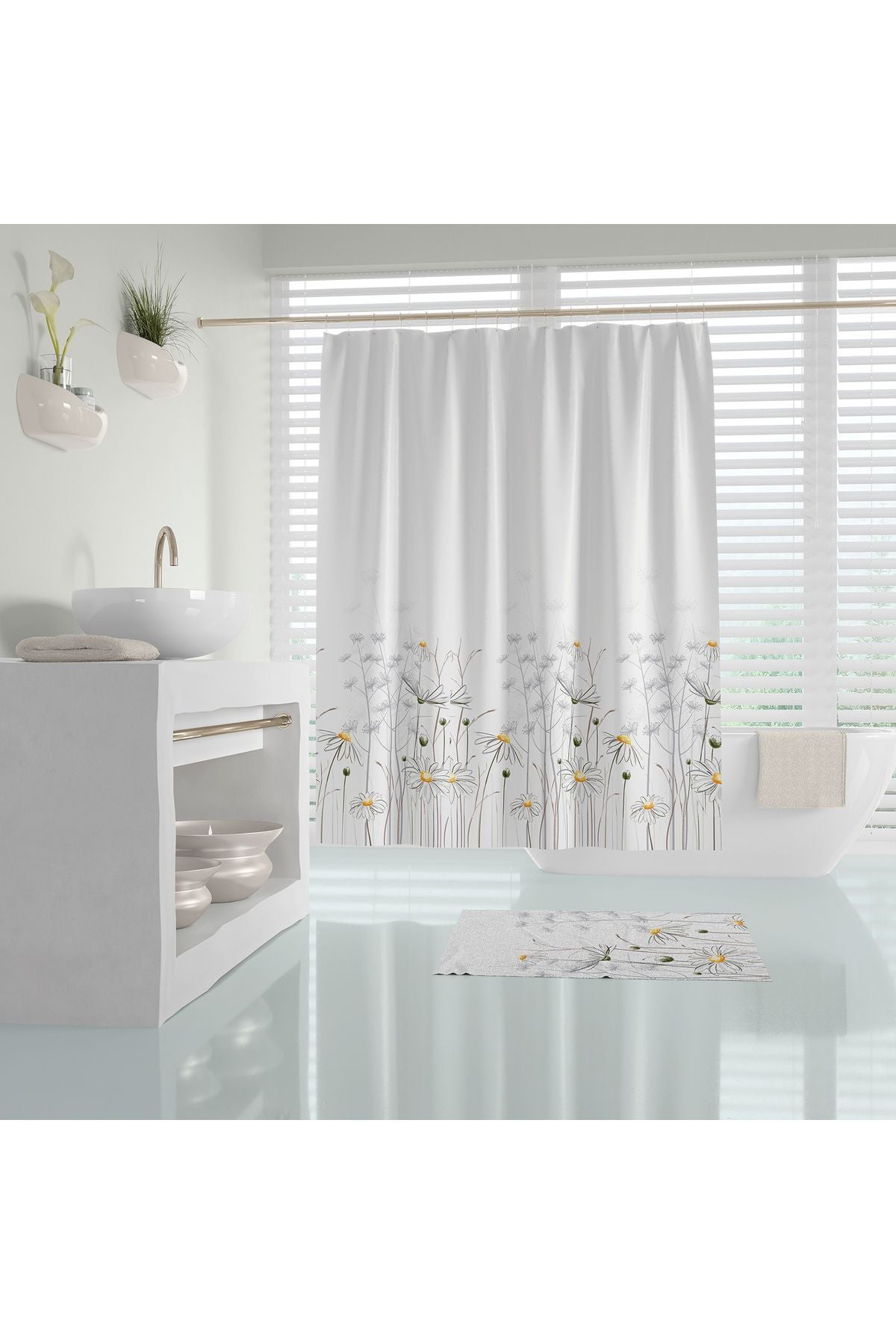 Tropikhome 120 X 200 (Çift Kanat) Çok Renkli Papatya Desen Banyo Perdesi — Çok Renkli